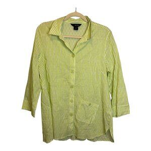 Ali Miles Blouse Women's Size Large Artsy Crepe Stripes Neon Green White Office‎